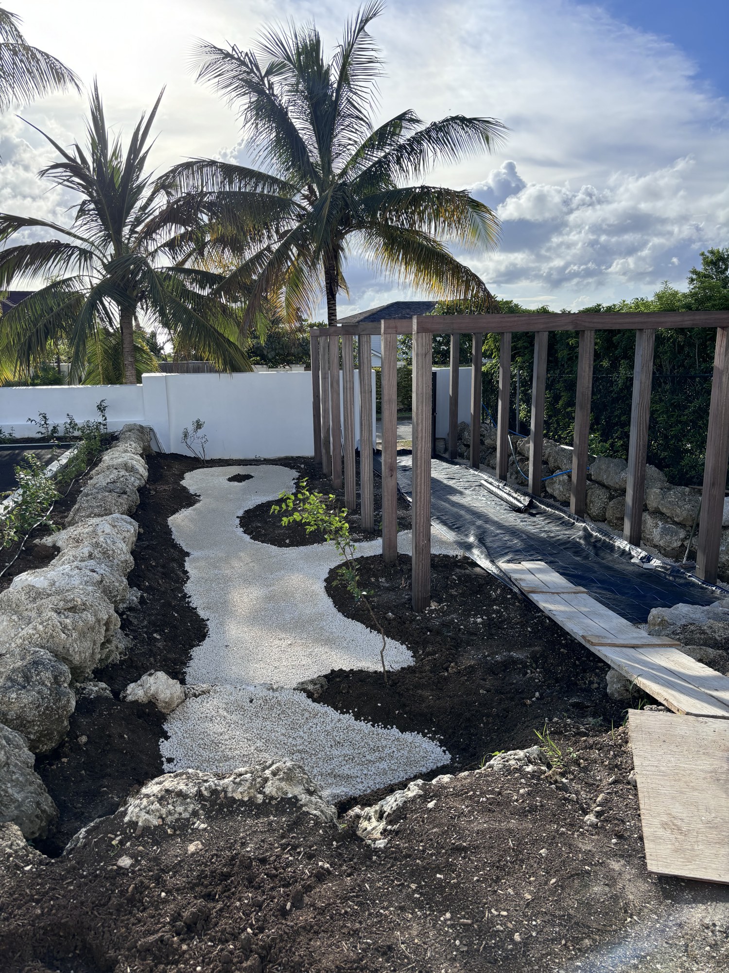 Coral stone retaining wall and palms beside the villa terrace at Berkley Villa